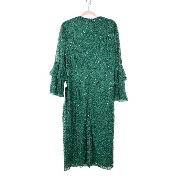 Fully Sequined Ruffle Tiered 3/4 Sleeve Midi Dress Deep Emerald 16 #8540 - Picture 5 of 8